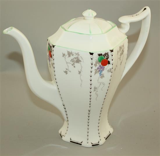 A Shelley fruit design fourteen piece Queen Anne shape coffee set, 1930s, coffee pot height 19cm